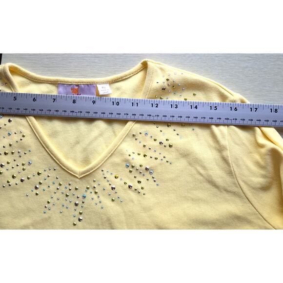 Top/Blouse-Quacker Factory-Yellow-V-Neck-Rhinestones-Sequins-3/4 Sleeves-XL - Picture 7 of 12